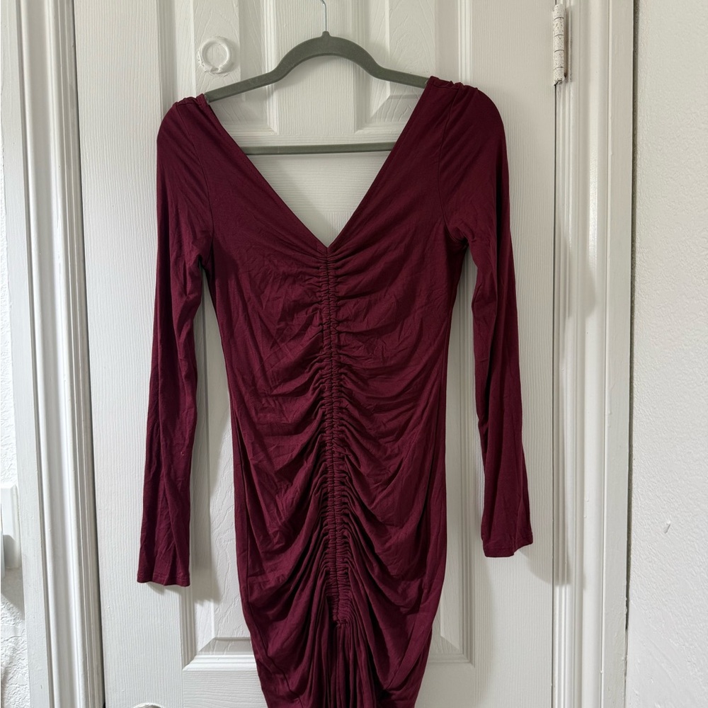 Fashion Nova Red Ruched Bodycon Dress V-Neck Long Sleeve